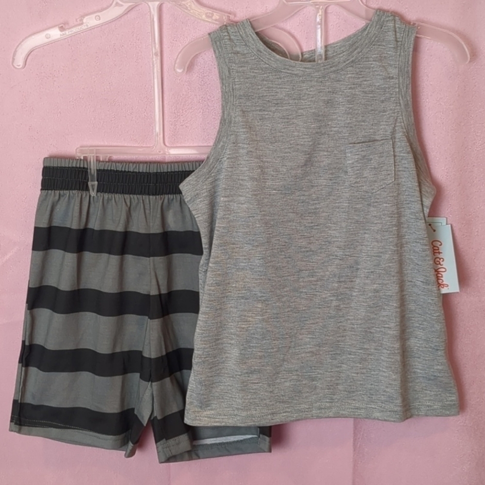Cat & Jack Gray Matching Tank Top and Striped Shorts Set size Small 6/7